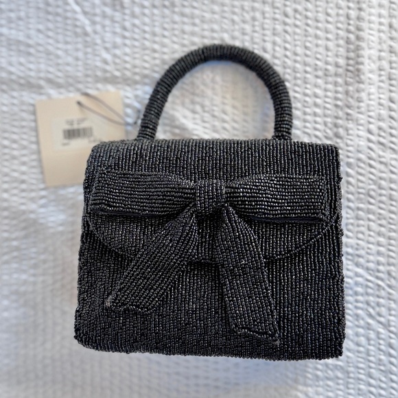 Rachel Zoe Handbags - Black Beaded Mini Bow Top Handle Bag | Chain Strap | Evening Clutch | Rachel Zoe